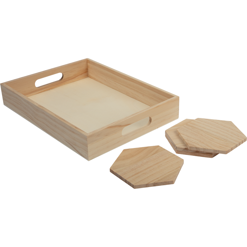 Urban Crafter Pine Rectangular Tray and Hexaganol Coaster Set (5 Pieces)