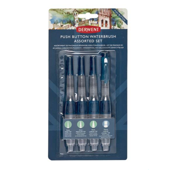 Derwent Push Button Waterbrush, Assorted, 4Pcs