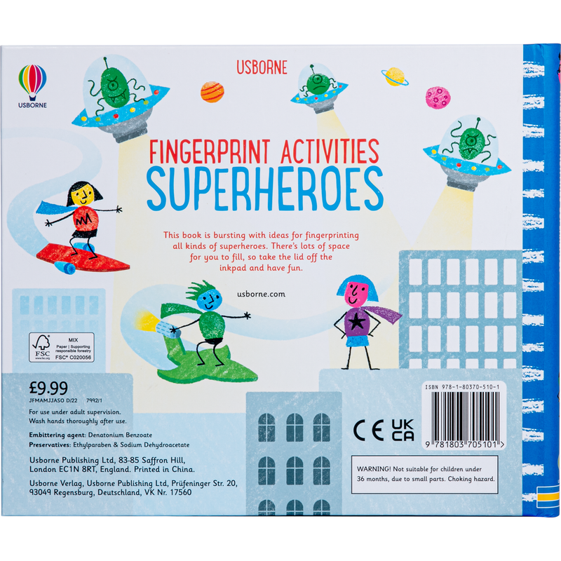 Light Gray Usborne Fingerprinting Activity Book with Colourful Ink Pads – Superheroes Kids Activities