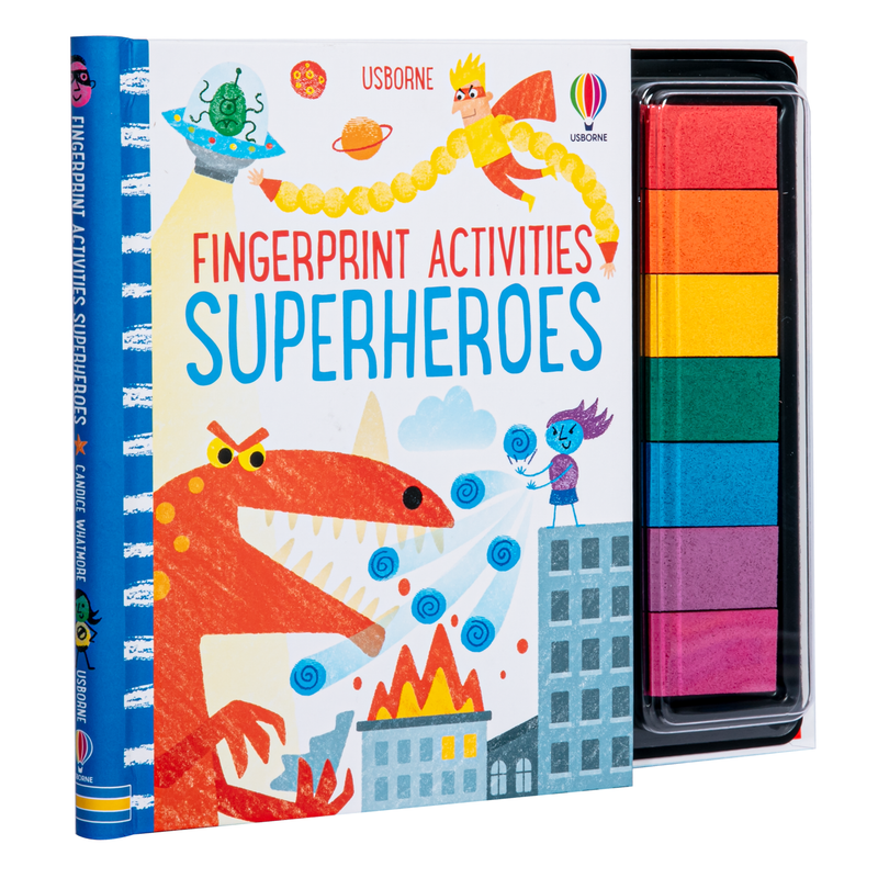 Light Gray Usborne Fingerprinting Activity Book with Colourful Ink Pads – Superheroes Kids Activities