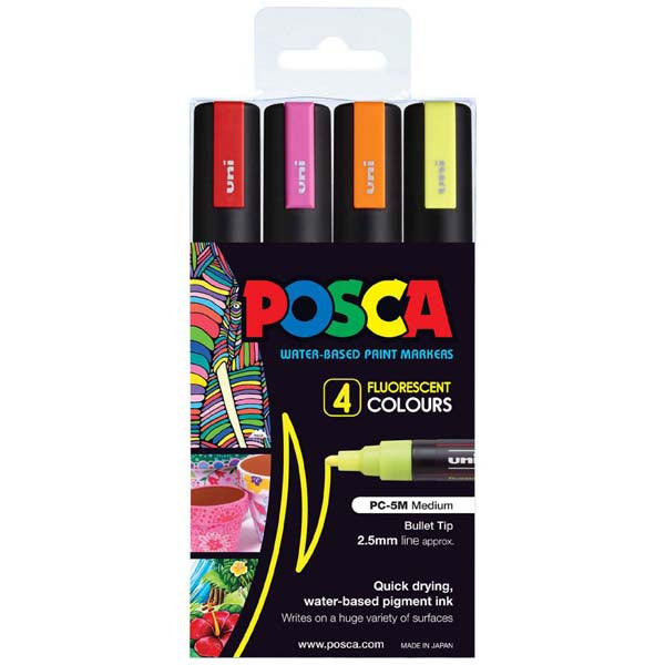 Posca PC5M Paint Markers, Fluorescent Colours, 4Pk