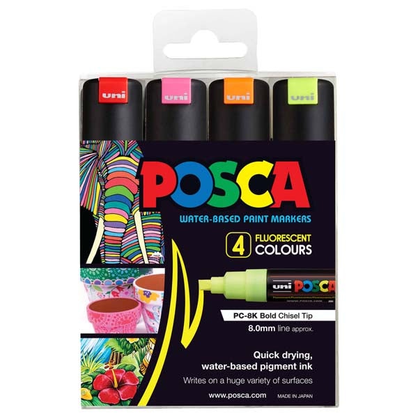 Posca PC8K Paint Markers, Fluorescent Colours, 4Pk
