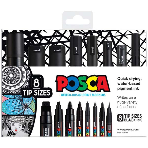 Posca Paint Markers, Assorted Nib Sizes, Black, 8Pk