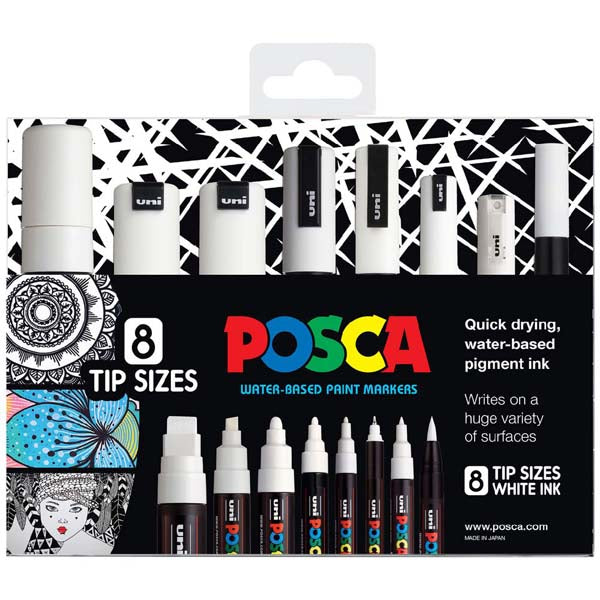 Posca Paint Markers, Assorted Nib Sizes, White, 8Pk