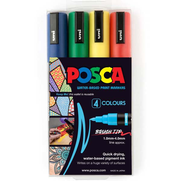 POSCA PC5BR Brush Tip Paint Markers, Assorted Colours, 4Pk