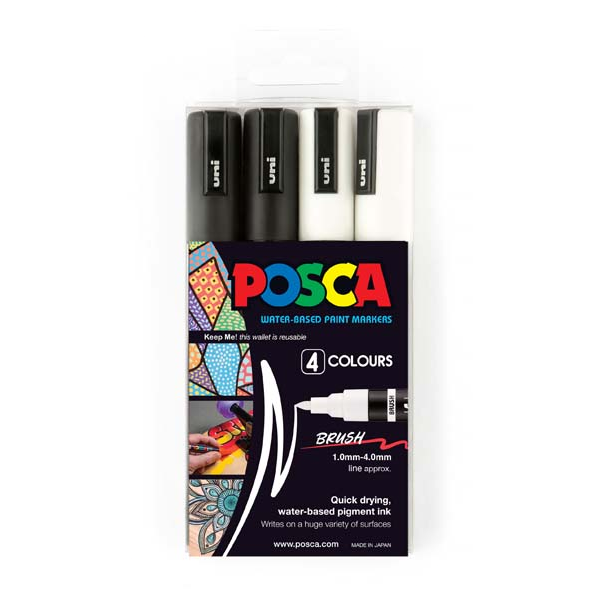POSCA PC5BR Brush Tip Paint Markers, Black/White, 4Pk