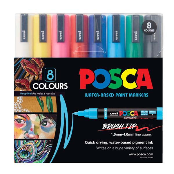 POSCA PC5BR Brush Tip Paint Markers, Assorted Colours, 8Pk