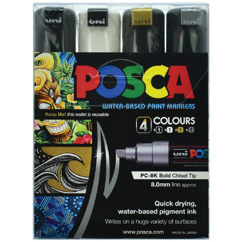 Posca PC8K Paint Markers, Black, White, Gold, Silver, 4Pk