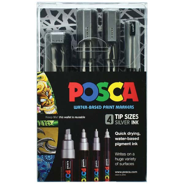 Posca Paint Markers, Assorted Nib Sizes, Silver, 4Pk