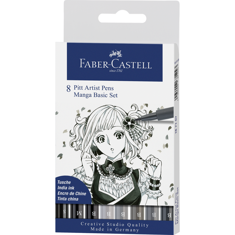 White Smoke Faber Castell Pitt Artist Pens  Manga Set  Black Grey Assorted Nibs – Pack of 8 Pens and Markers