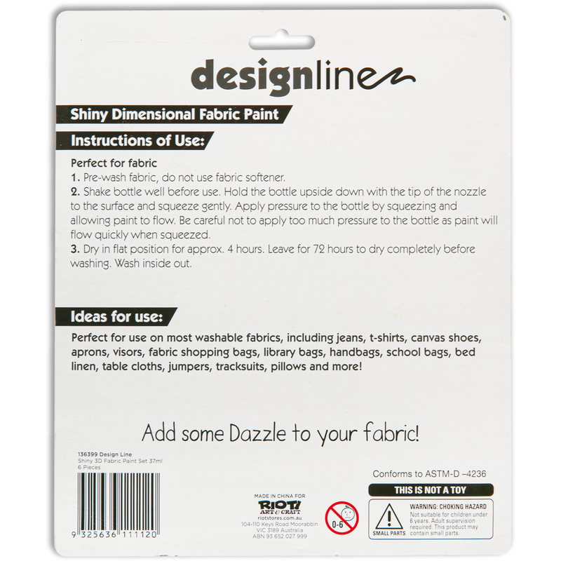 White Smoke Design Line 3D Fabric Paint Set Shiny Colours 37mL (6 Pack) Fabric Paints and Dyes