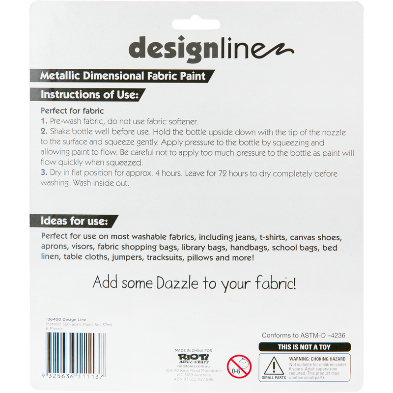 White Smoke Design Line 3D Fabric Paint Set Metallic Colours 37mL (6 Pack) Fabric Paints And Dyes