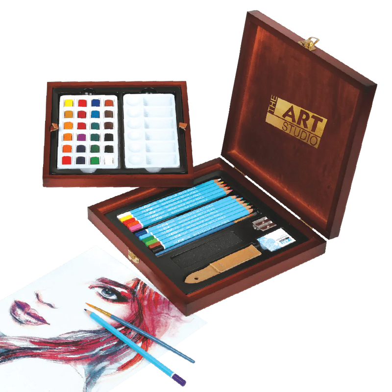 Light Gray The Art Studio Artist Premier Wooden Case Watercolour Pencil Set 44 Pieces Watercolour Painting Sets