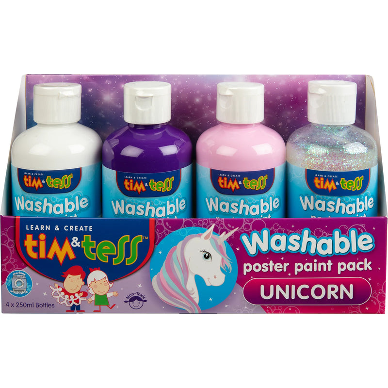 Tim & Tess Children's Washable Poster Paint Set 4 Unicorn Colours 250ml Bottles