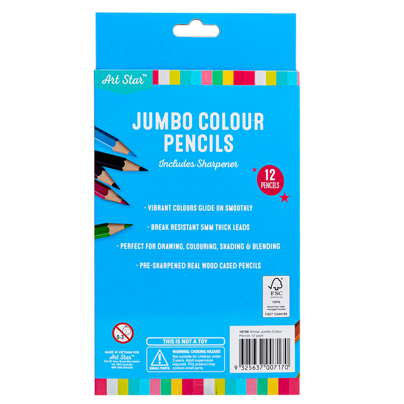 Deep Sky Blue Art Star Jumbo Colour Pencils Assorted Colours 12 Pack Kids Pencils