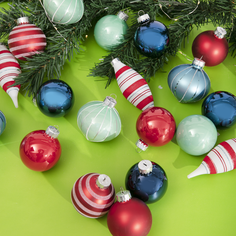 Yellow Green Make a Merry Christmas Glass Ball, Drop and Onion Ornament Assortment 20pc Set Nostalgic Fun Christmas