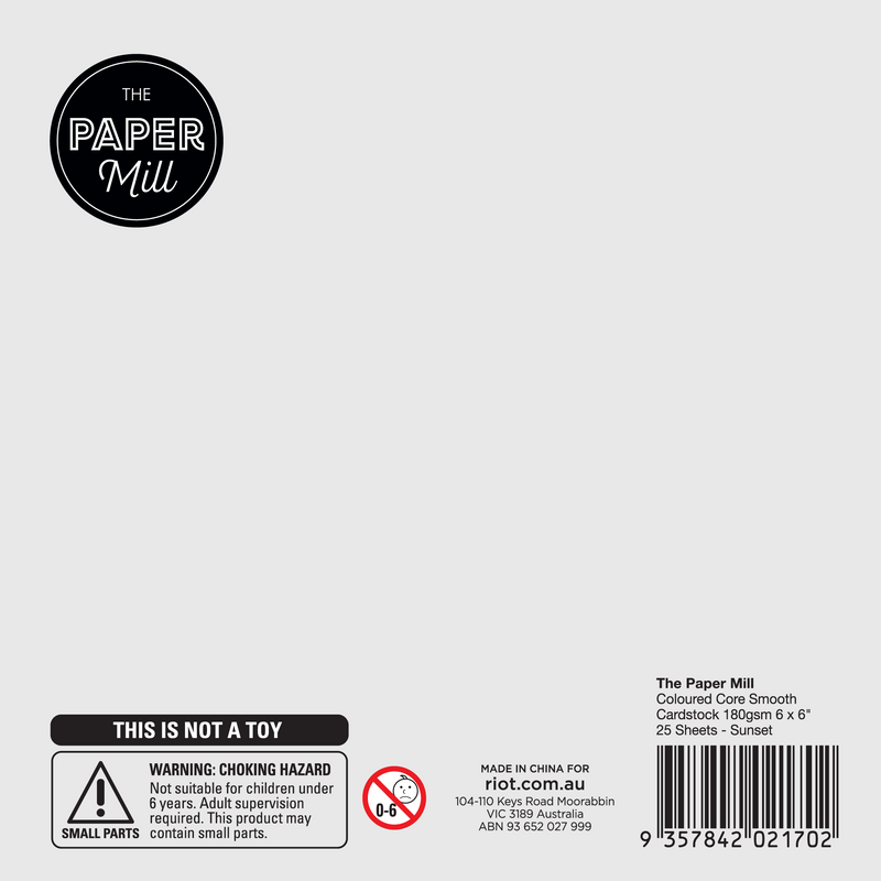 The Paper Mill Coloured Core Smooth Cardstock 180gsm 6 x 6" 25 Sheets Sunset