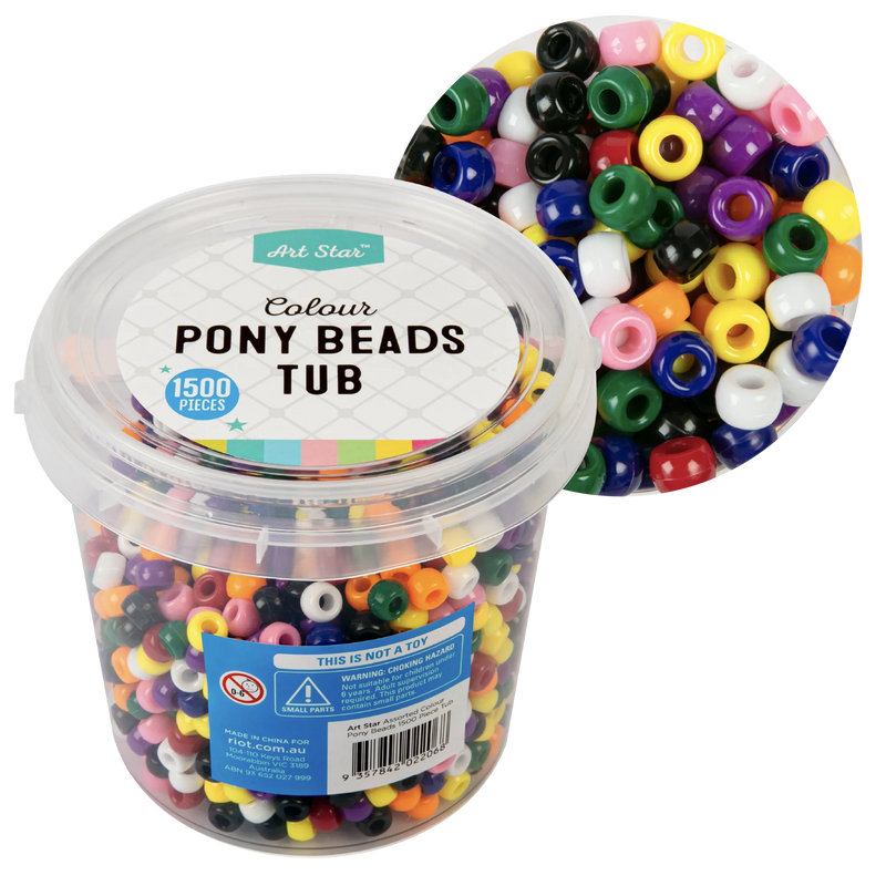 Art Star Assorted Colour Pony Beads 6 x 9mm 1500 Piece Tub