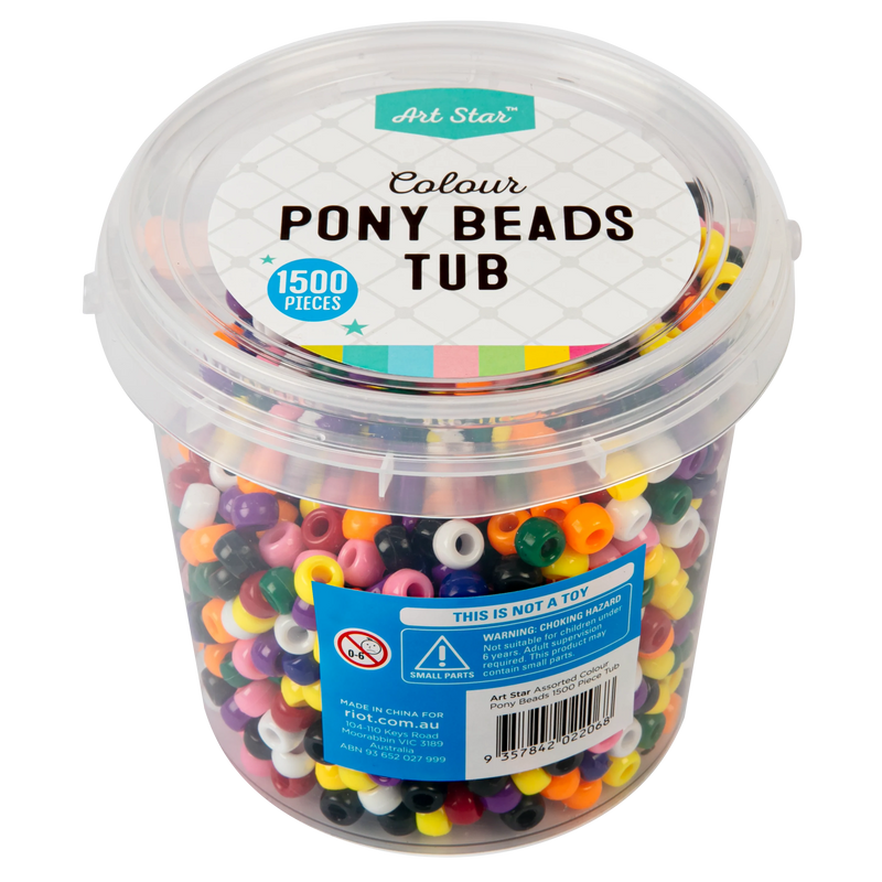 Art Star Assorted Colour Pony Beads 6 x 9mm 1500 Piece Tub
