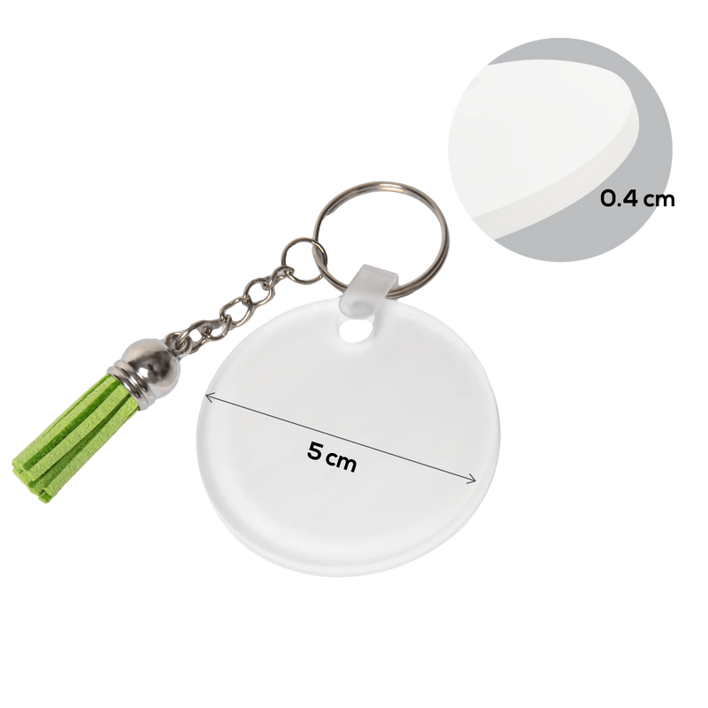 Personalisable Acrylic Keyring with Green Tassel-Round 5 x 0.4cm