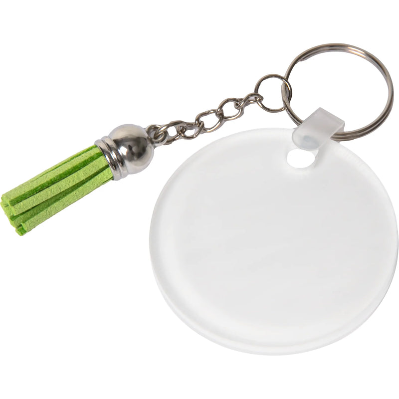 Personalisable Acrylic Keyring with Green Tassel-Round 5 x 0.4cm