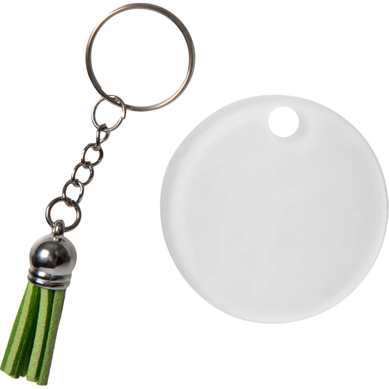 Personalisable Acrylic Keyring with Green Tassel-Round 5 x 0.4cm