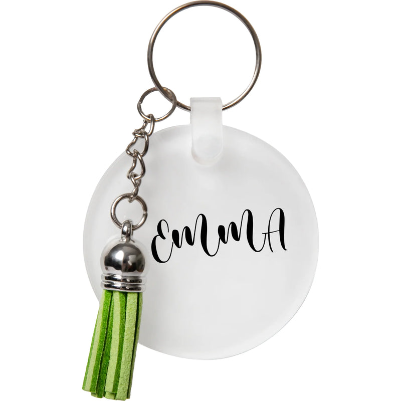 Personalisable Acrylic Keyring with Green Tassel-Round 5 x 0.4cm